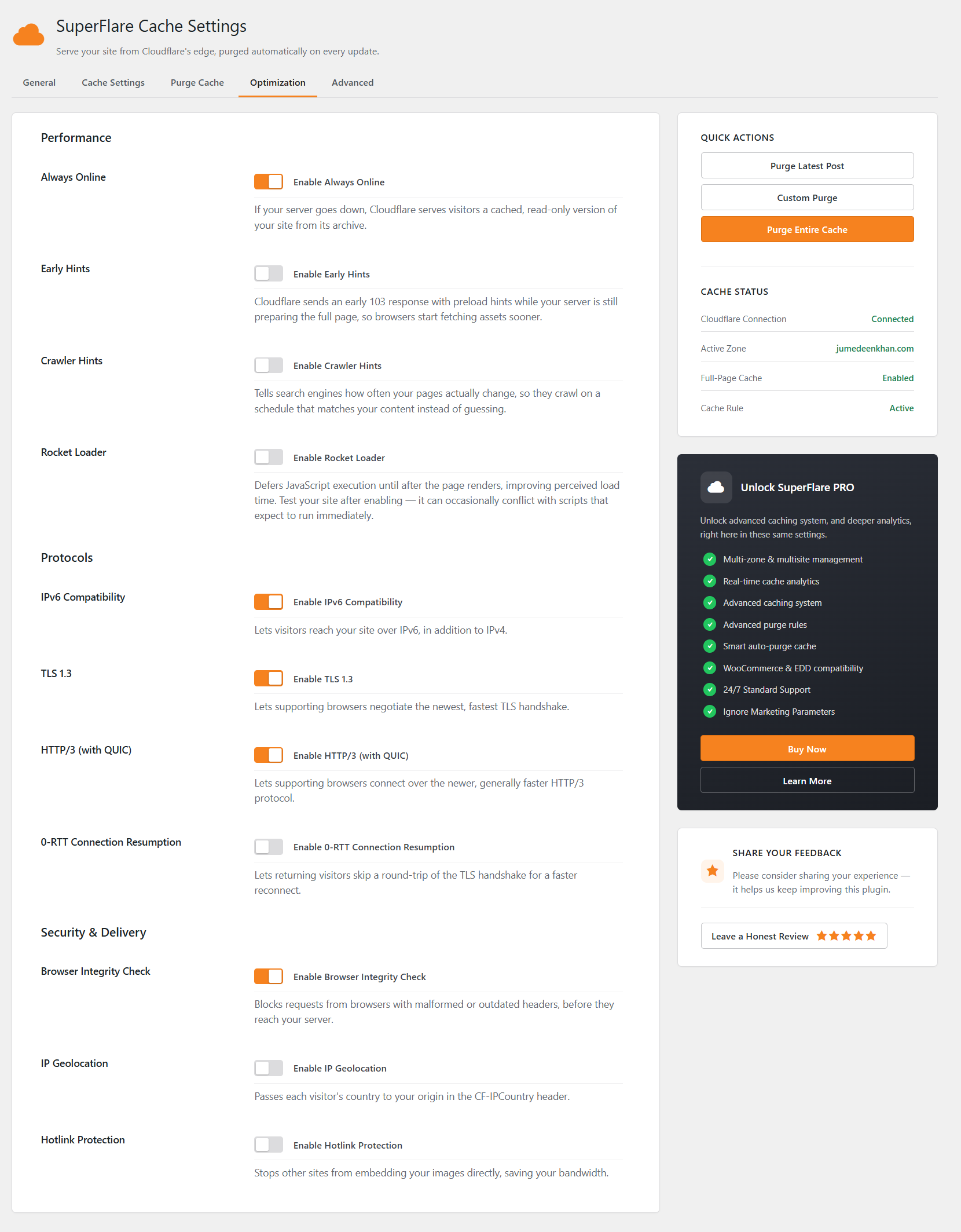 Cloudflare CDN Optimization control.
