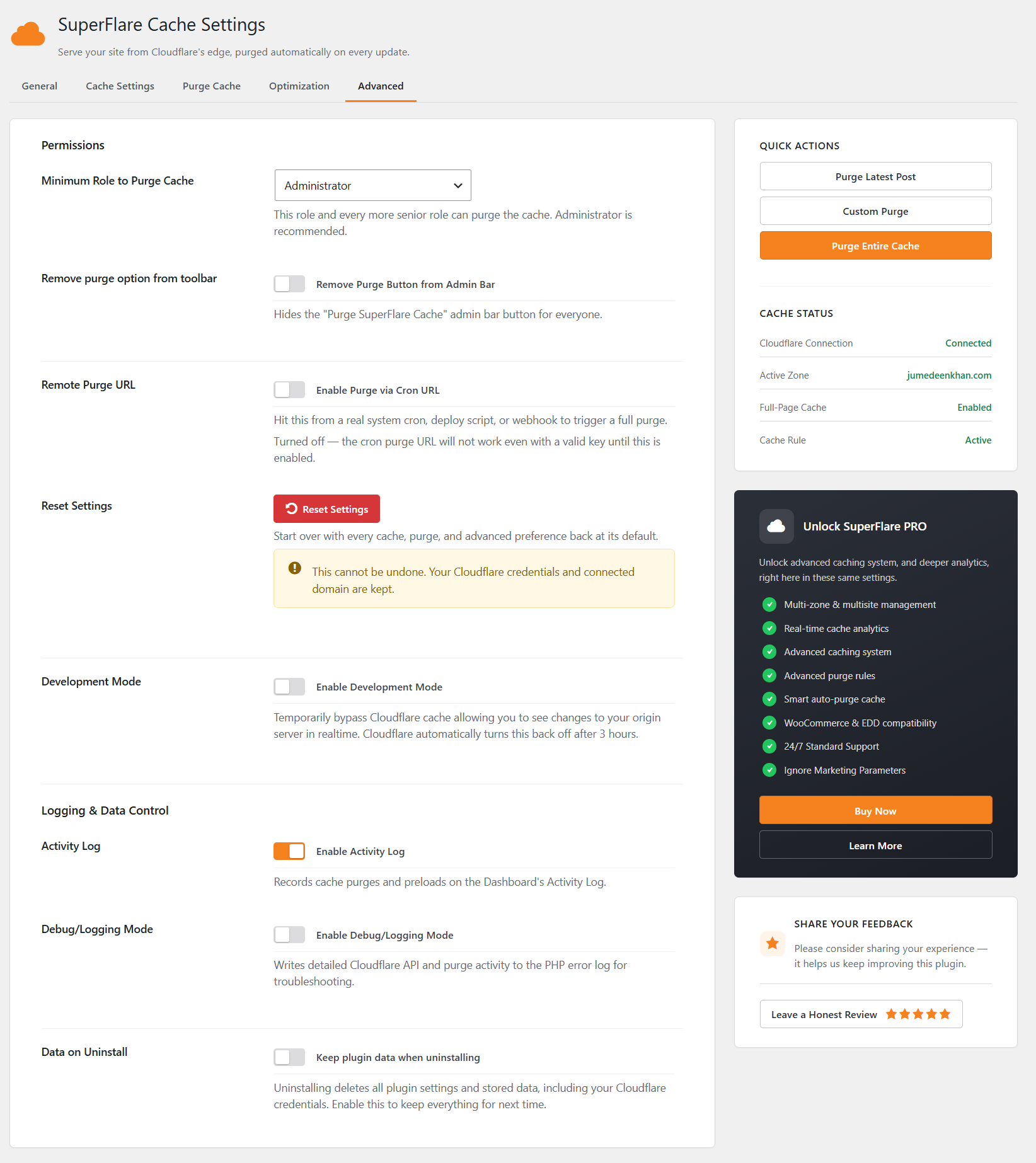 Cloudflare plugin Advanced settings.