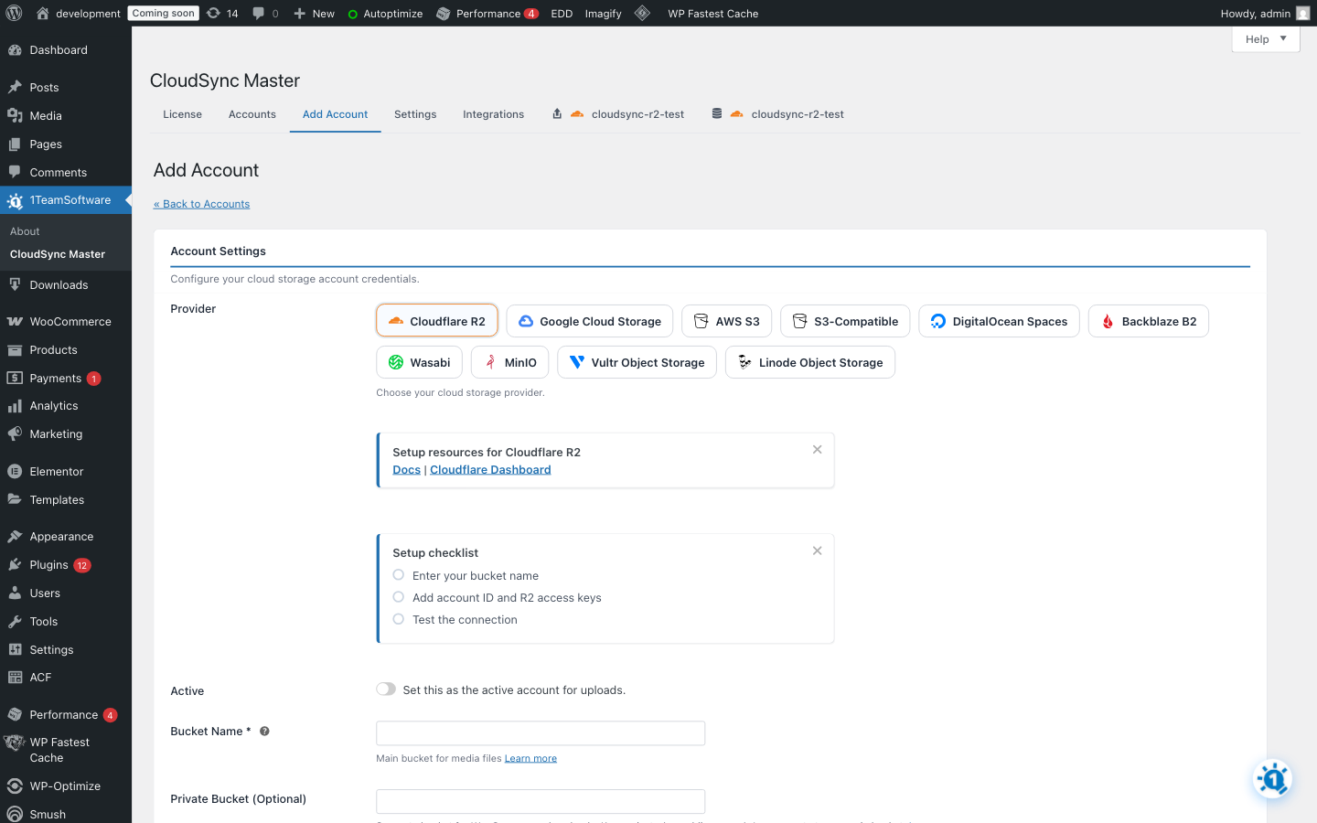 Settings - Configure upload behavior, CSS/JS offloading, performance, and debugging