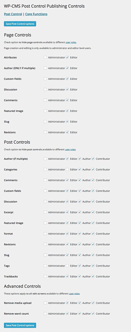 The first post control admin screen where the main options are set for each user level.