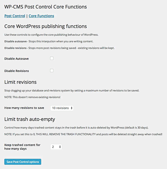 The core functions option screen, where more advanced WordPress controls are set.