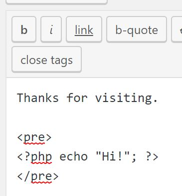 Typing code in text tab of WordPress Admin area when writing Post.