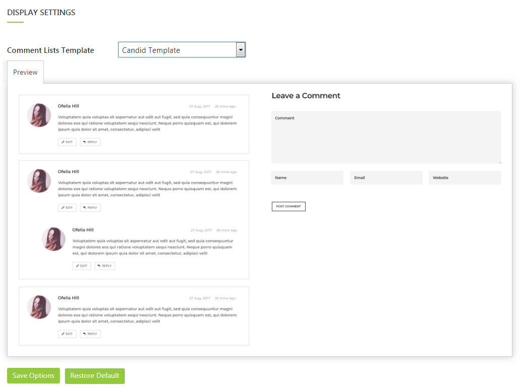 WP Comment Designer Lite- Display Settings