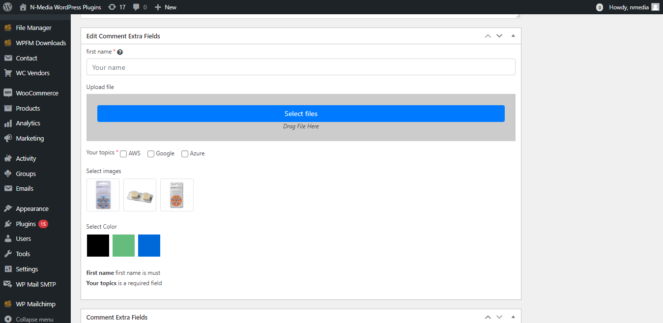 Frontend - Extra fields with user comment