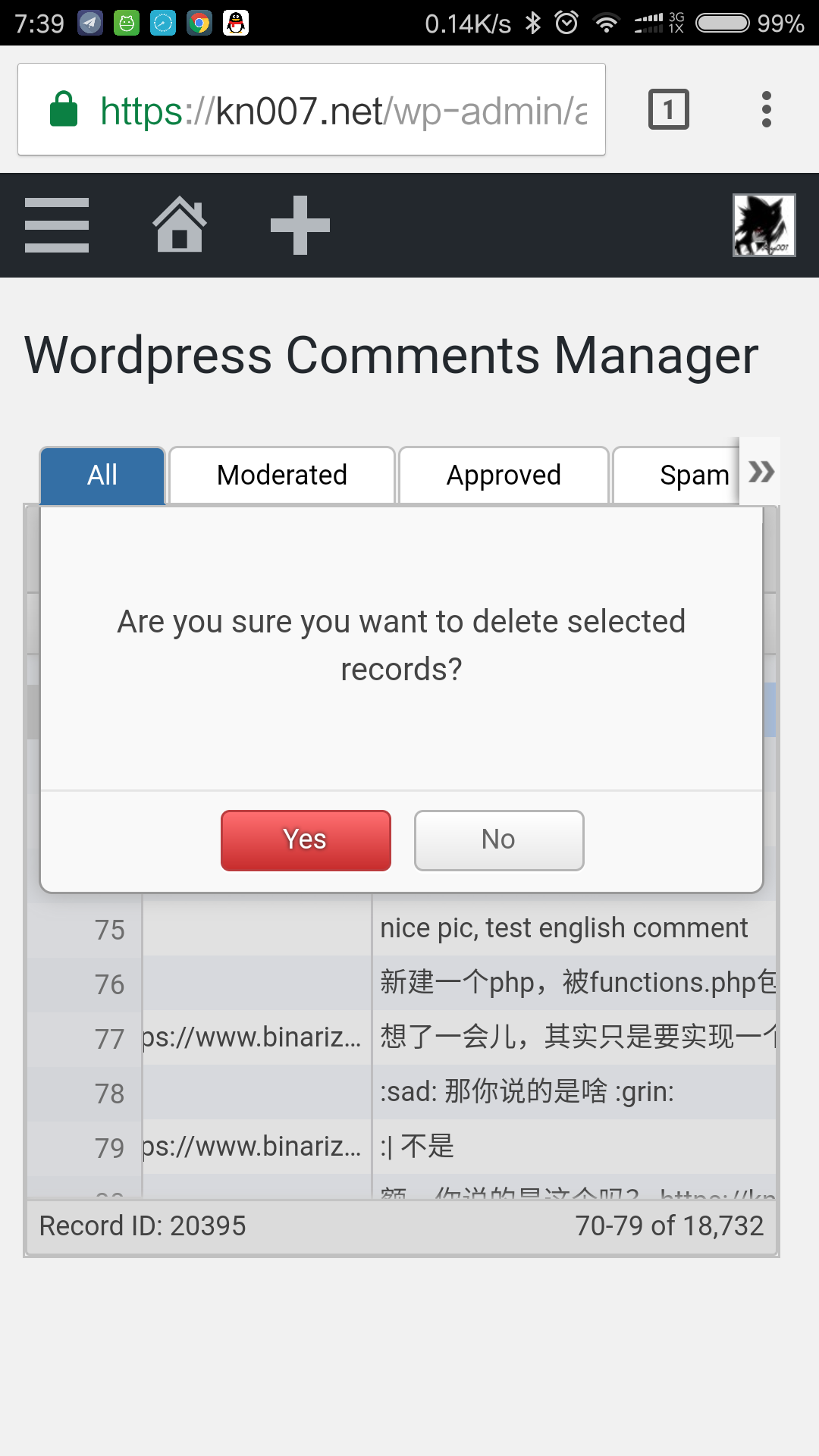 Delete comments dialog.