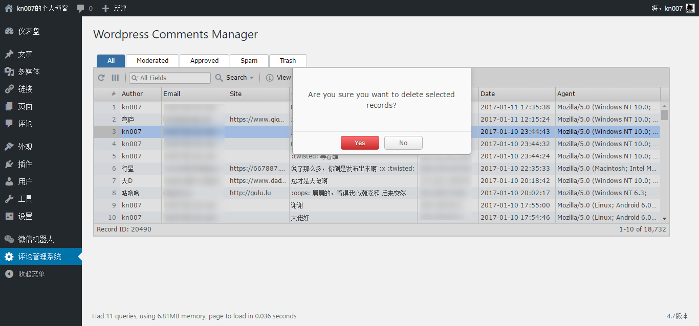 Main page with delete comment dialog menu on mobile.