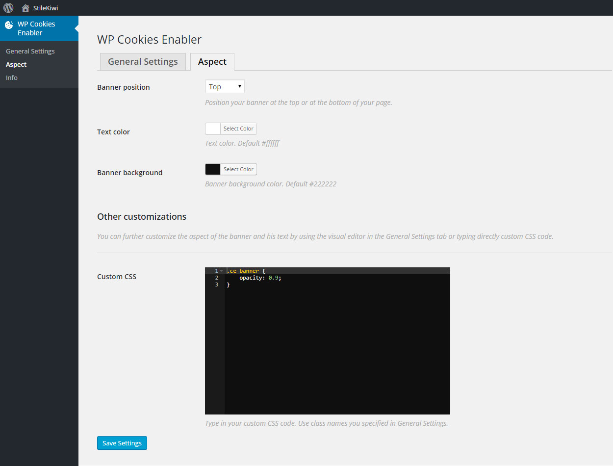 Admin Aspect Settings