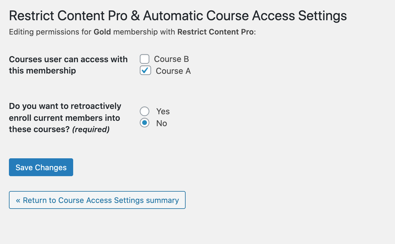 This is the screen where specific courses are selected to be associated with the membership level. The retroactive function will enroll students to courses that were recently associated to the membership level.