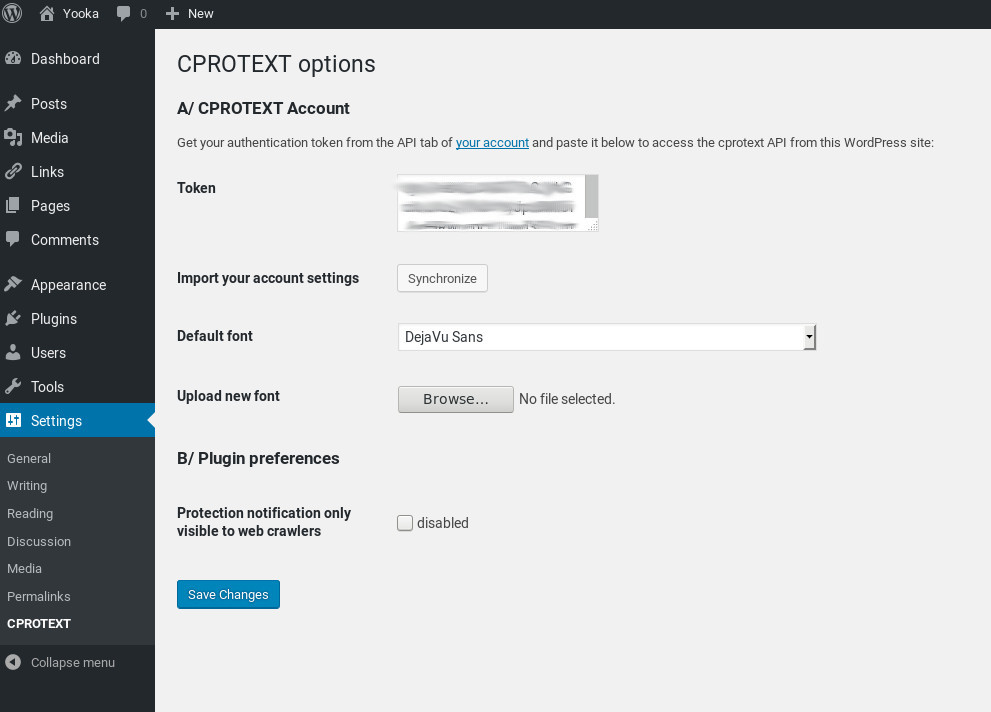 WP-CPROTEXT Settings panel