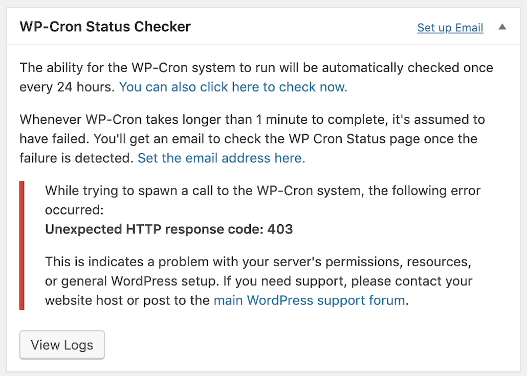 The WP-Cron Status Checker on the WordPress admin dashboard showing WP-Cron has an error.