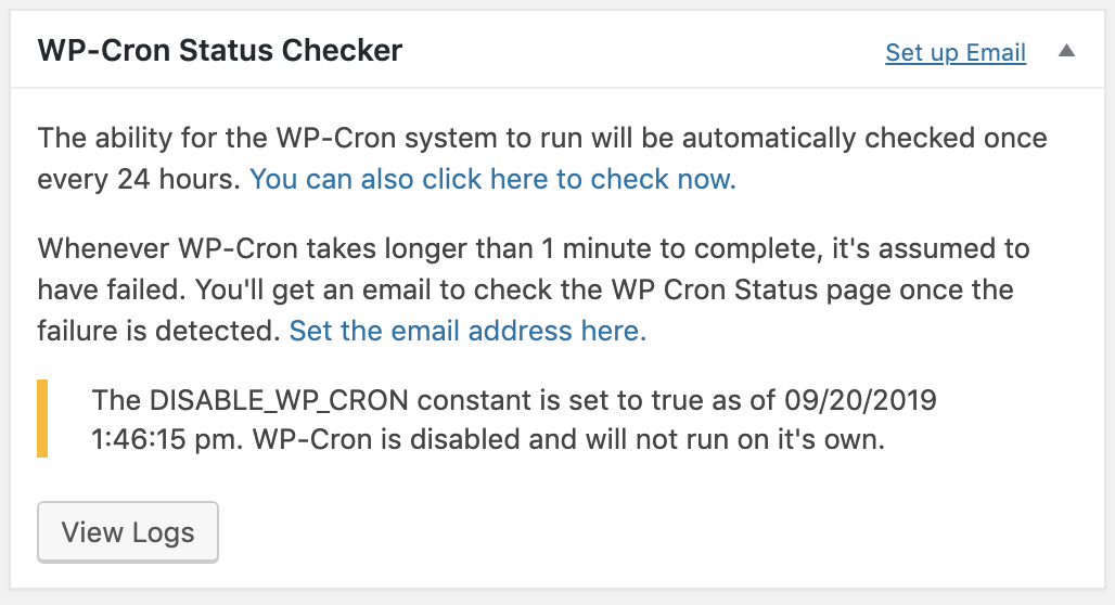 The WP-Cron Status Checker on the WordPress admin dashboard showing WP-Cron is disabled, but still shows when WP-Cron was last run.