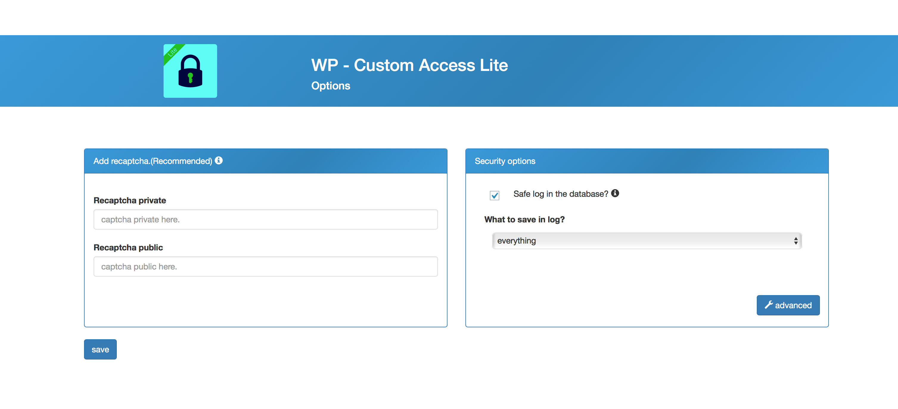 In the "options" screen, you can fill in your google captcha keys, and set log options.