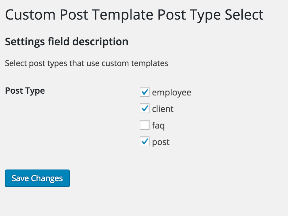 Screenshot of the enable post type select screen