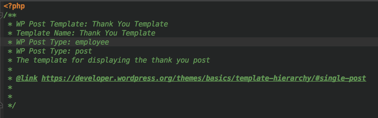 Screenshot of a template that is a page template and a custom post type template for two different custom post types