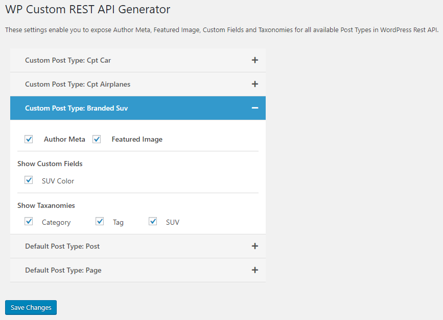 Shows the Custom Post Type with selected meta information to be allowed in REST API response