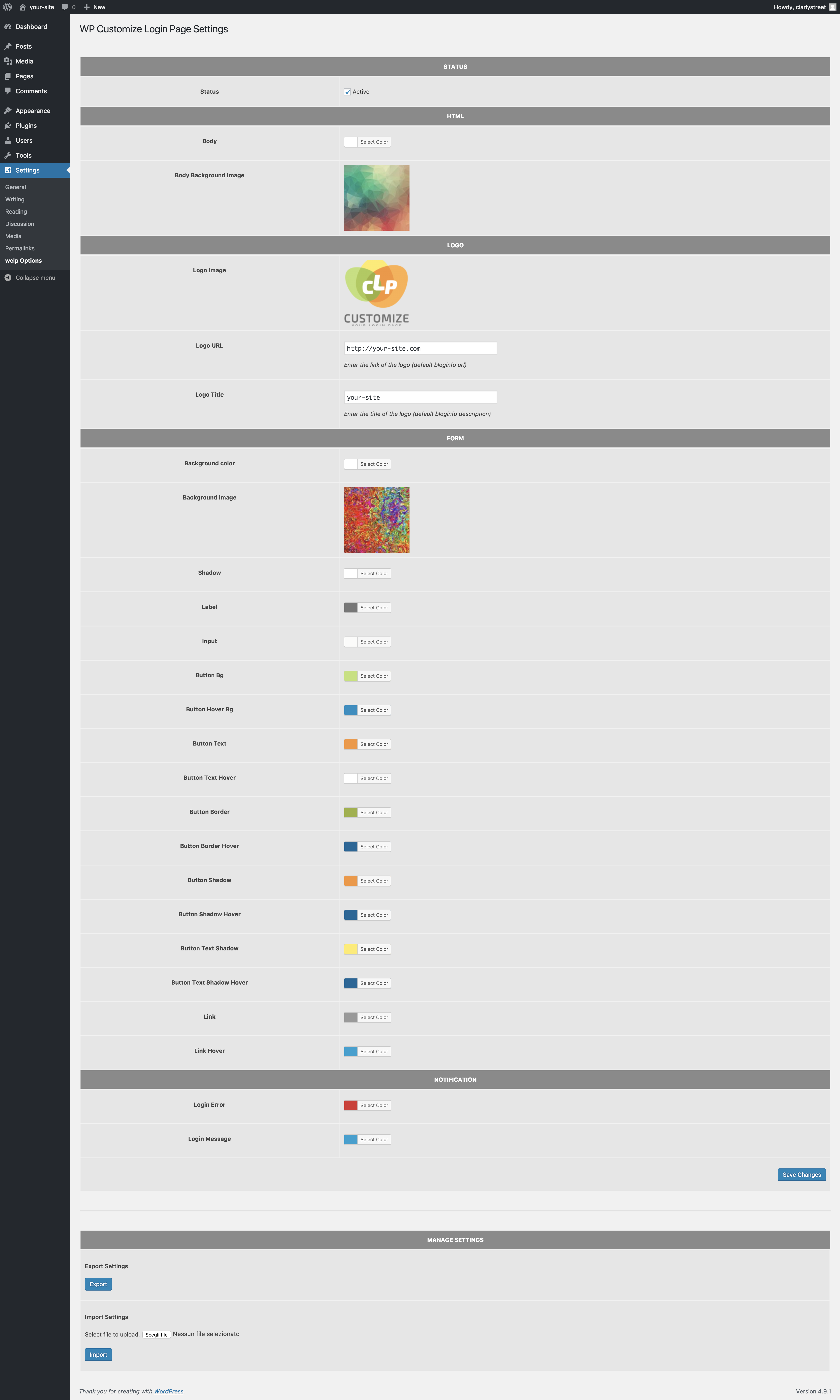 Admin panel settings for wp customize login page.