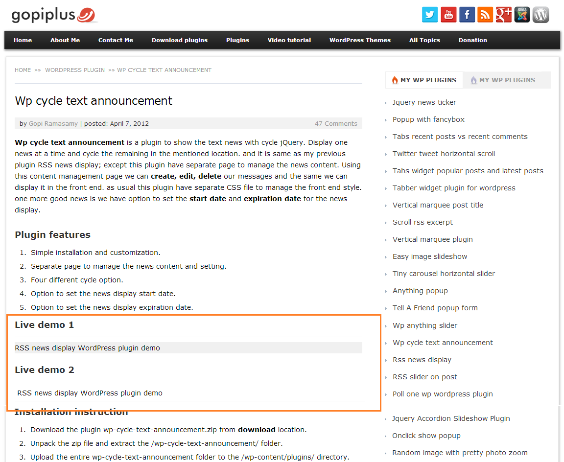 Front Screen. http://www.gopiplus.com/work/2012/04/07/wp-cycle-text-announcement-wordpress-plugin/