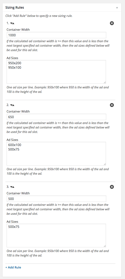 Specify your responsive sizing rules right within the WordPress admin. WP DFP