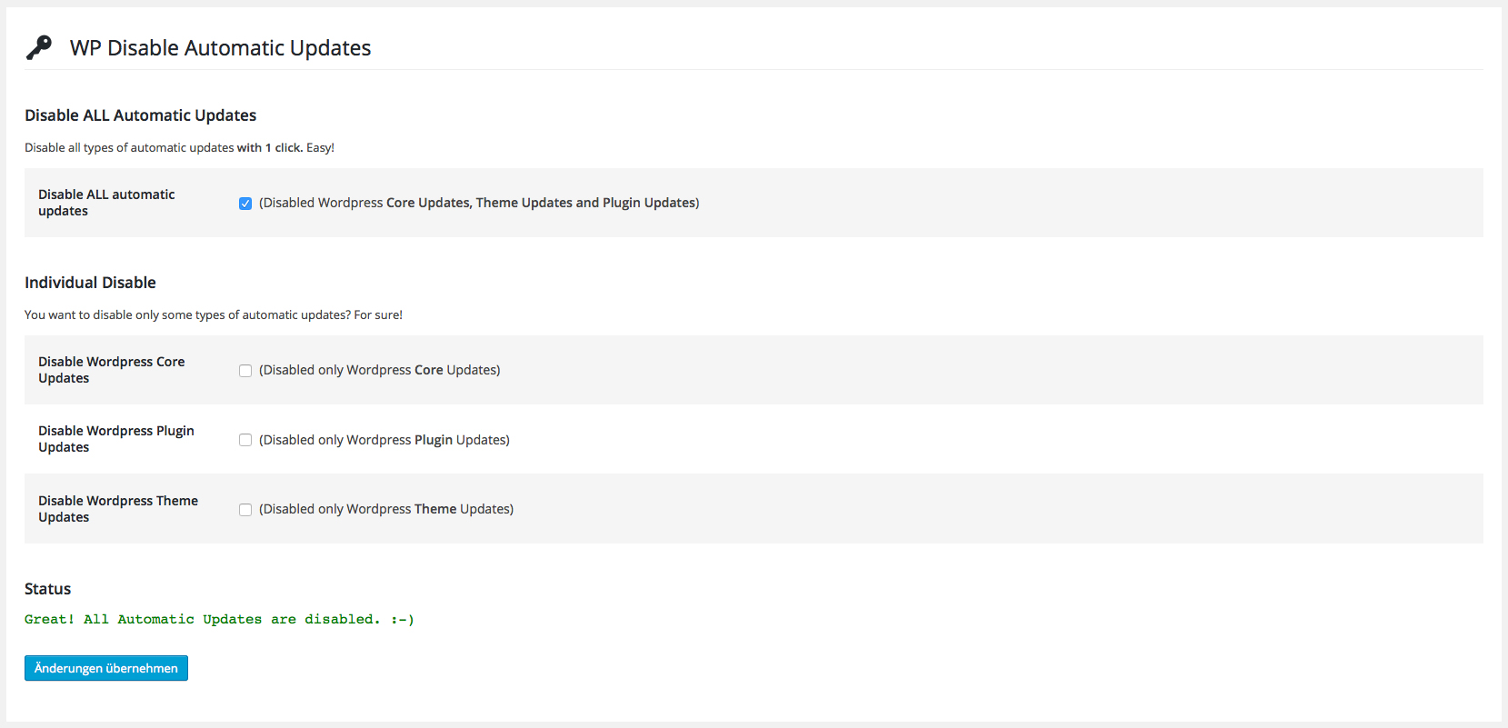 Disable all types of automatic Wordpress Updates with 1 click!