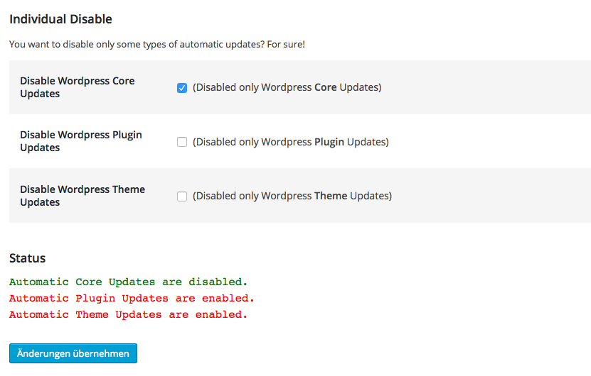 With the status field you can see which types of updates are enabled or disabled.