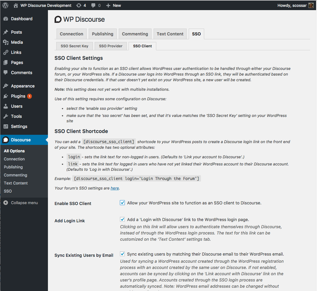 Configuring the plugin: the DiscourseConnect Client settings tab.
