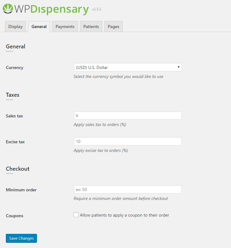 WP Dispensary admin Settings page