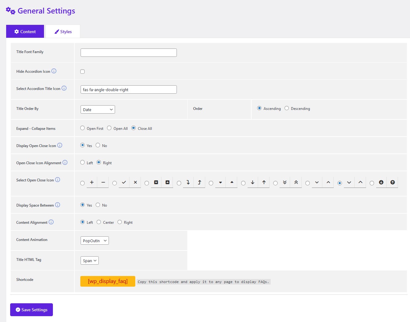 FAQ General Settings Page