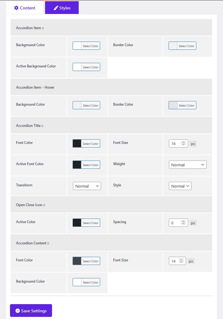 FAQ Style Settings Page