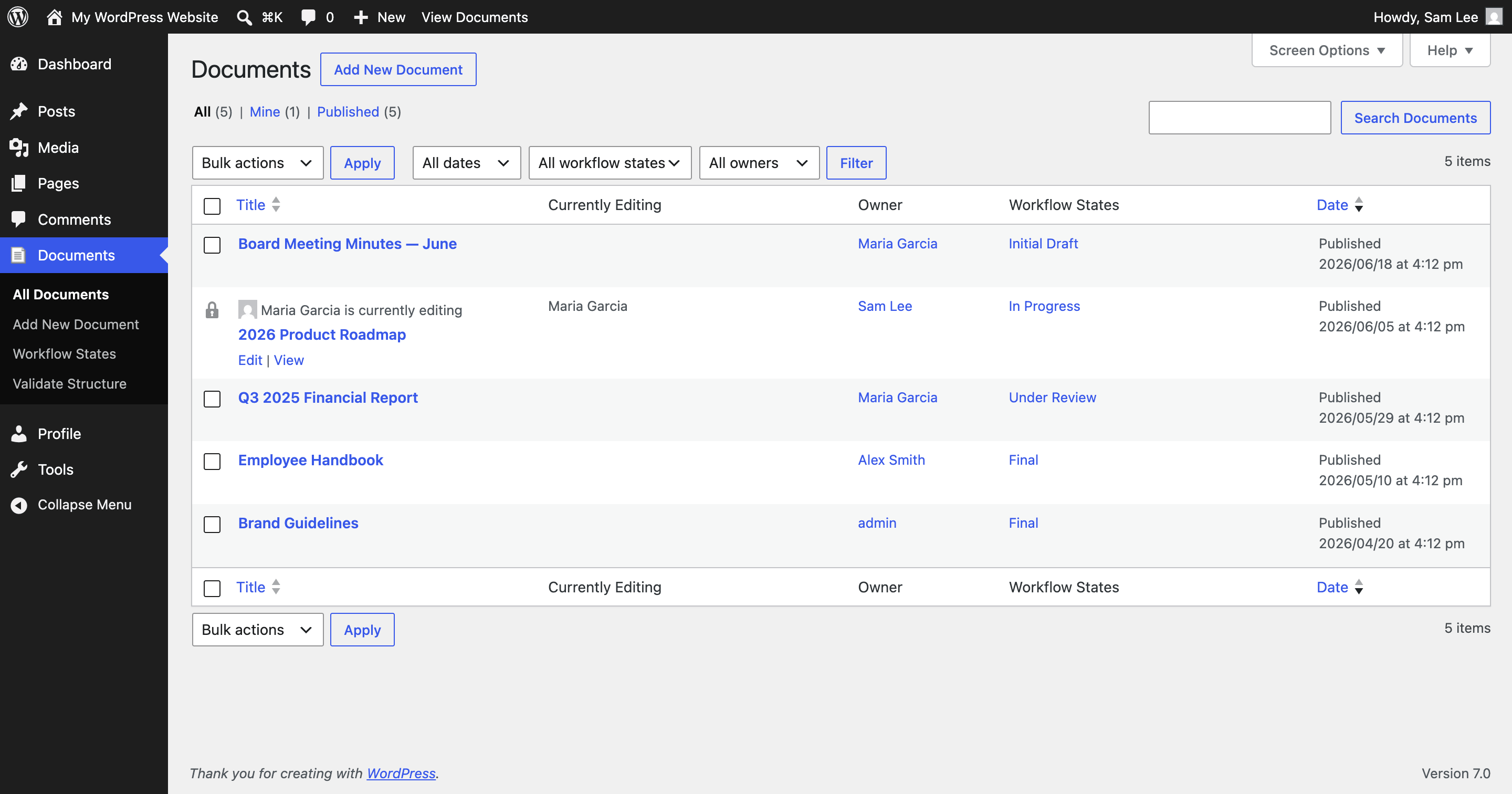 Manage all your documents in one place — see each document's owner, workflow state, and who currently has it checked out, and filter by state or owner.