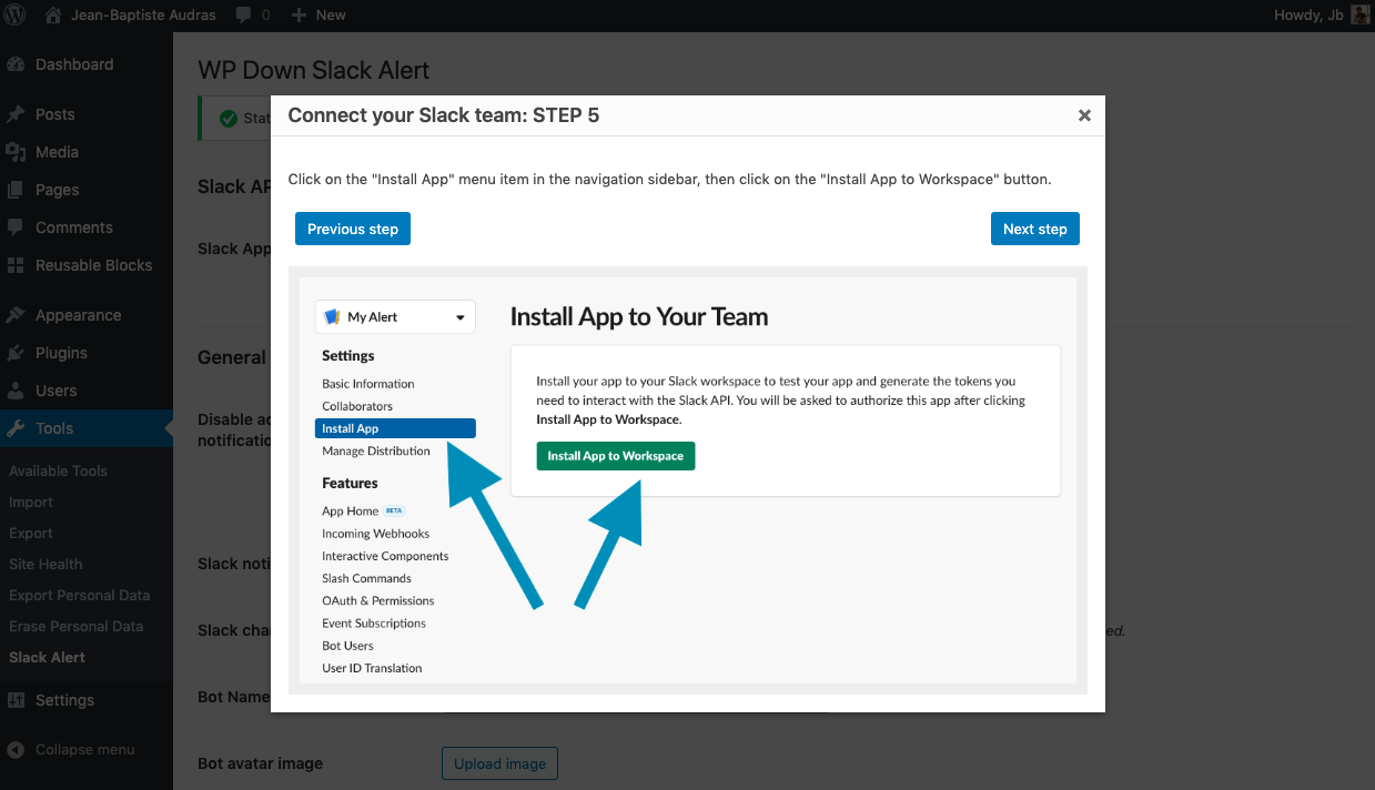Slack API Token tutorial in the settings screen.
