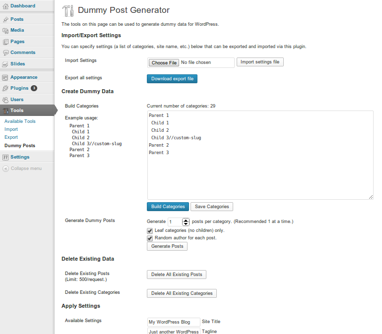 The control panel of the WP Dummy Posts plugin.