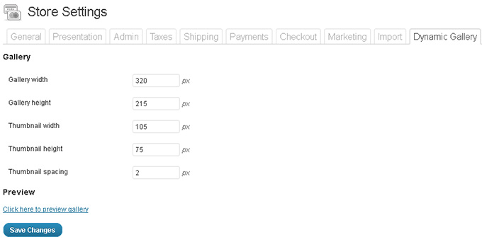 WP e-Commerce Dynamic Gallery activated admin settings (cut down view)