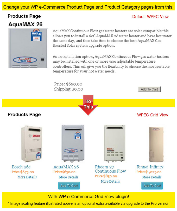 WP e-Commerce Product Page default view v's the same presentation in WP e-Commerce Grid View