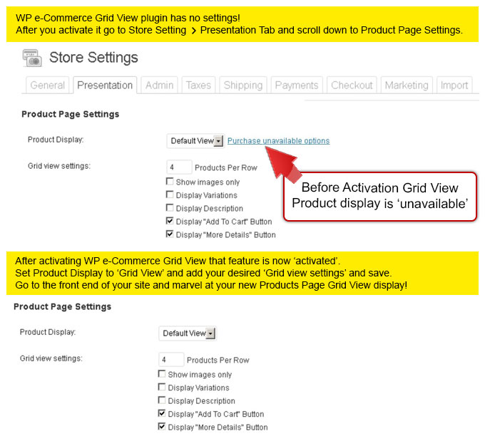 WP c-Commerce grid view has no settings.