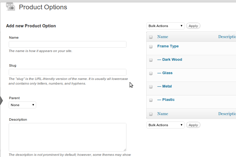 Product Options Setup