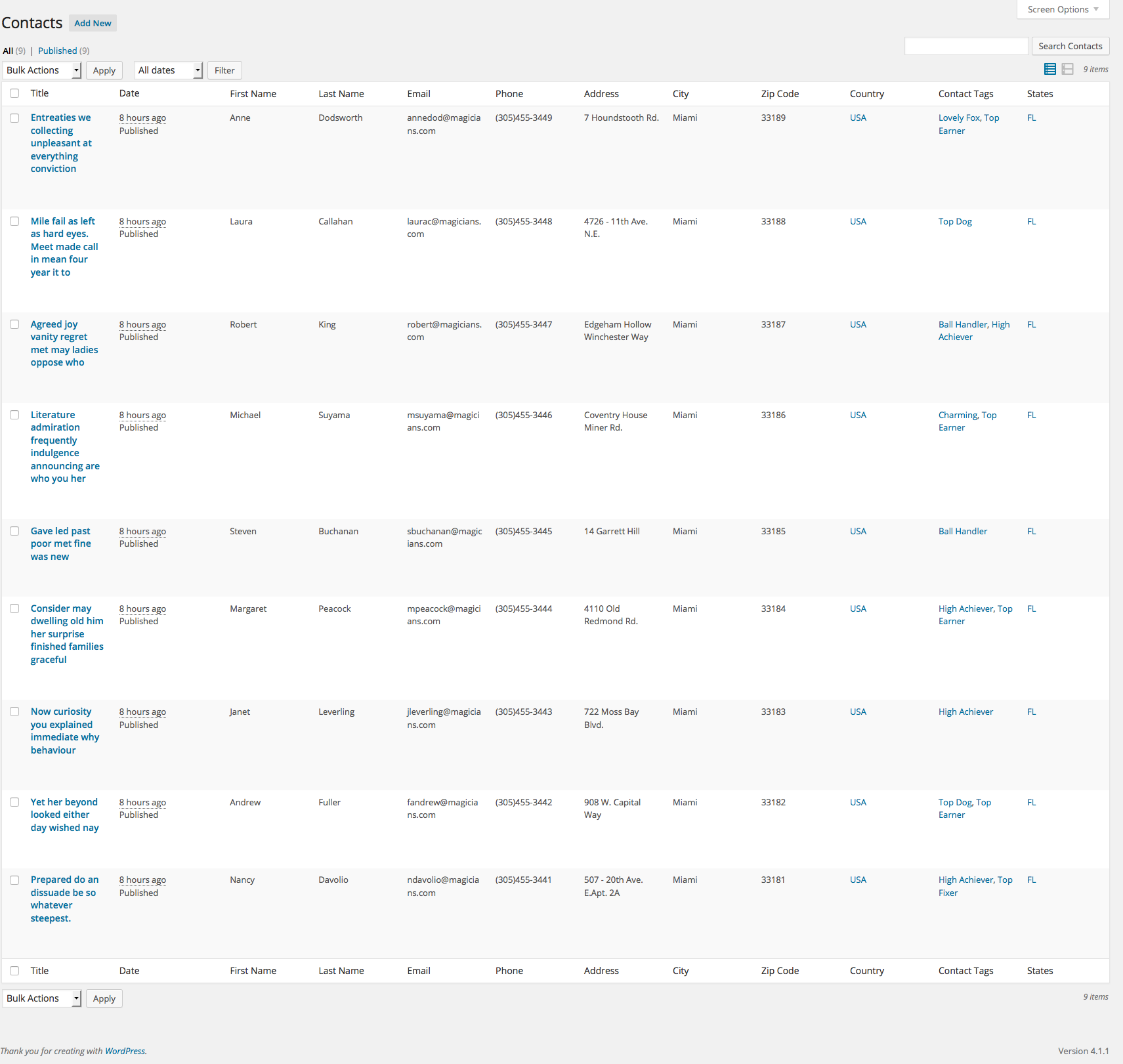 Displays Contact List in admin area created from the contact form in a nice organized way.