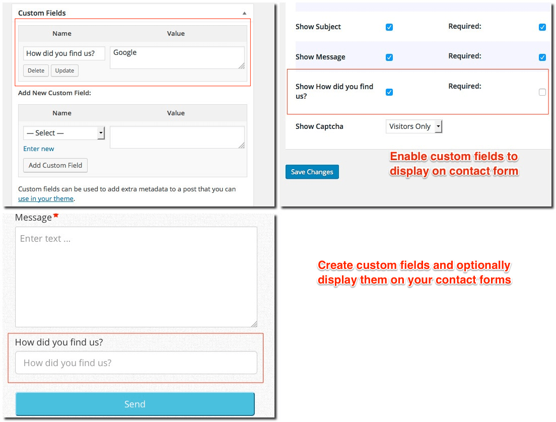 Create custom fields and display them on contact forms.