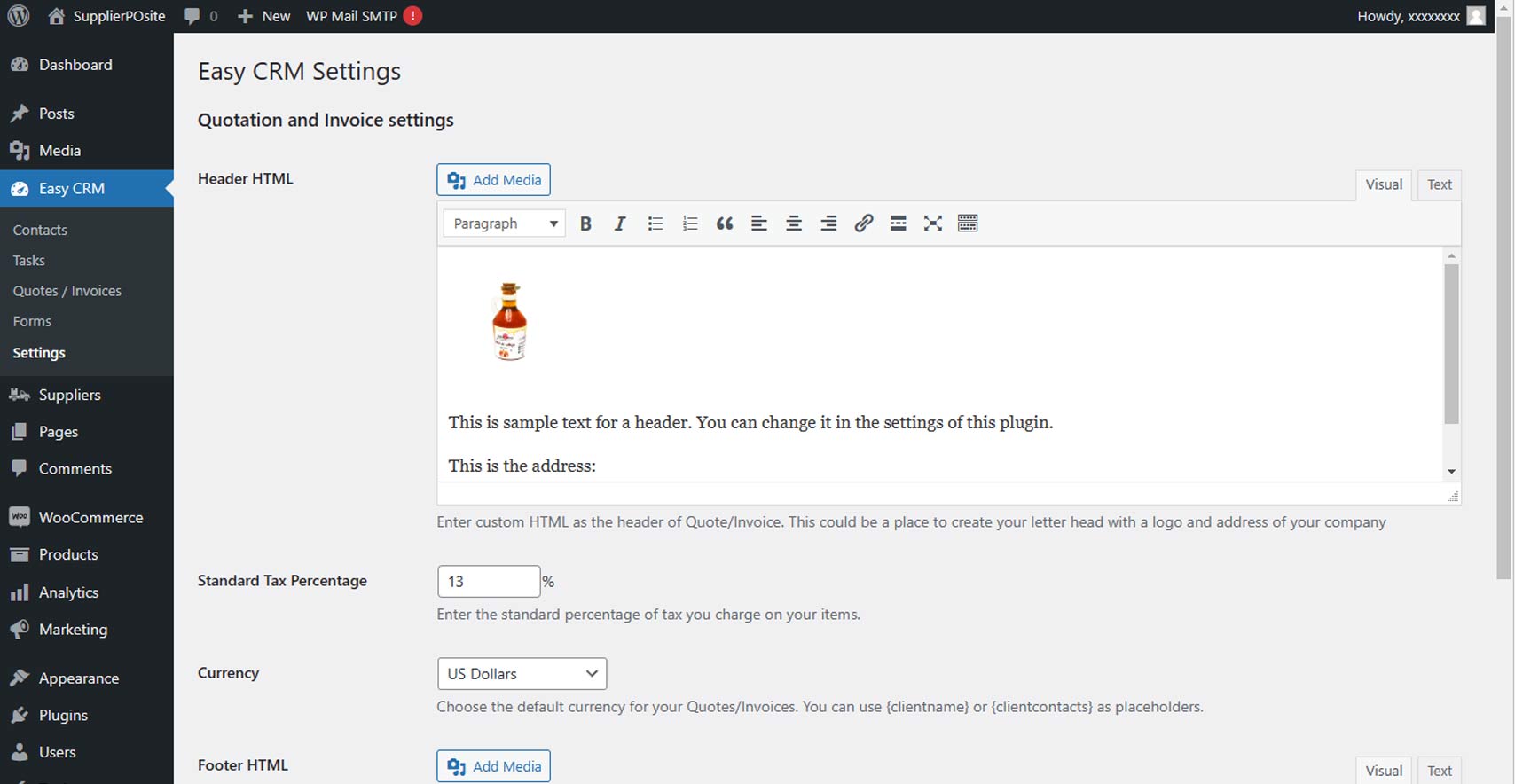 Settings menu to set standard currency, tax percentage, invoice/quote headers and footers etc