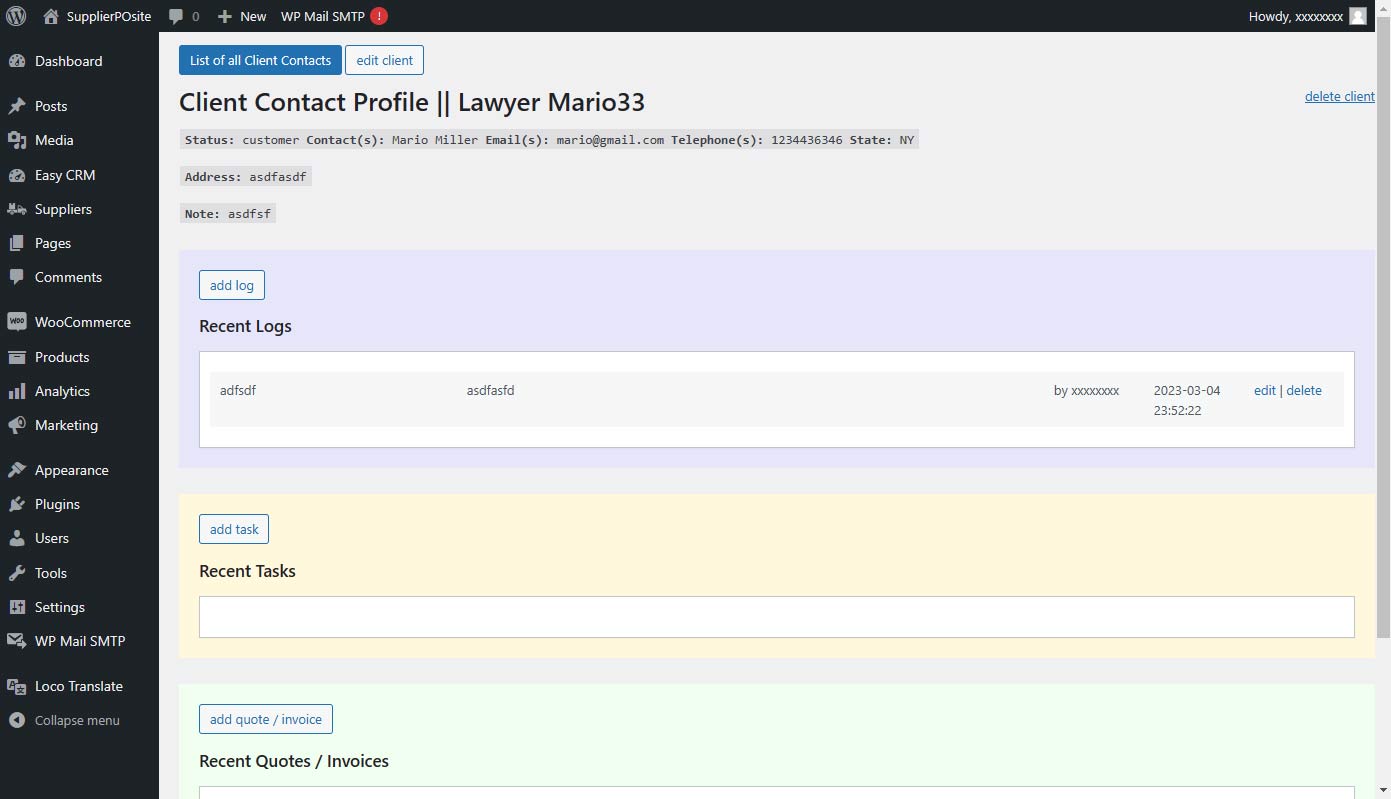 Client profile with all activity logs, tasks, quotes and invoices pertaining to the client