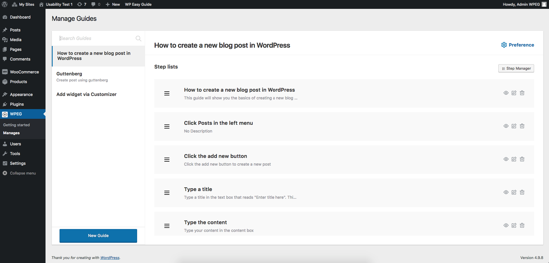 Dashboard: Manages all guides and step manager.