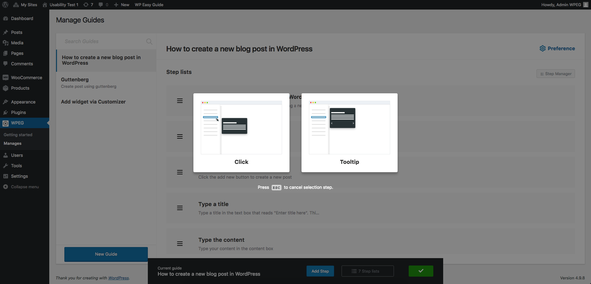 Step Selector: Select step type.