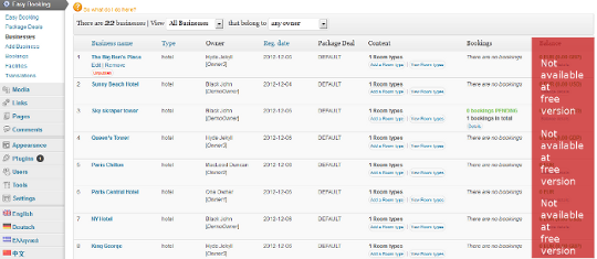 The list of Hotels (Businesses). The admin has immediate access to each business's area.