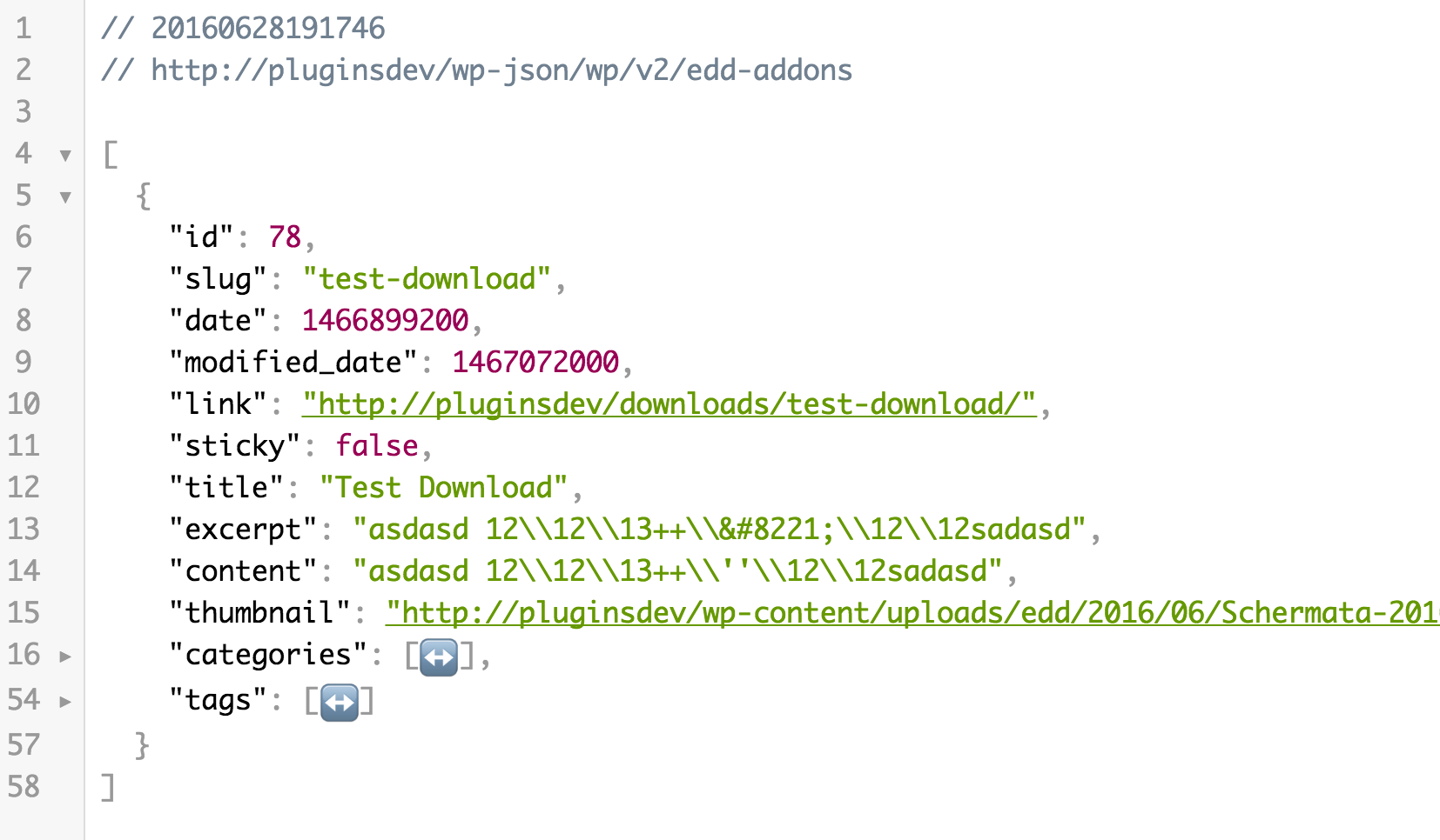 json output example from the api.