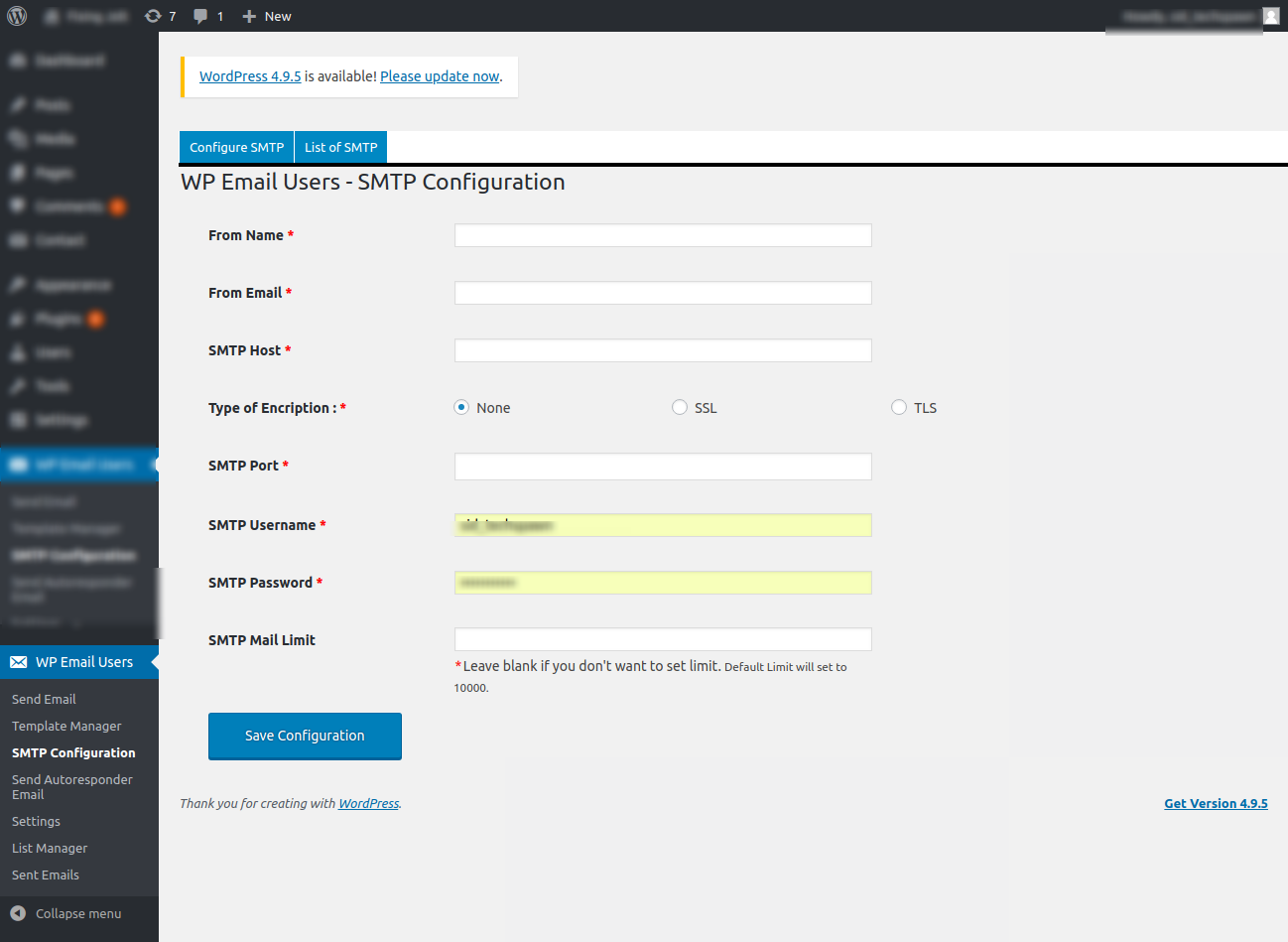 SMTP configuration.