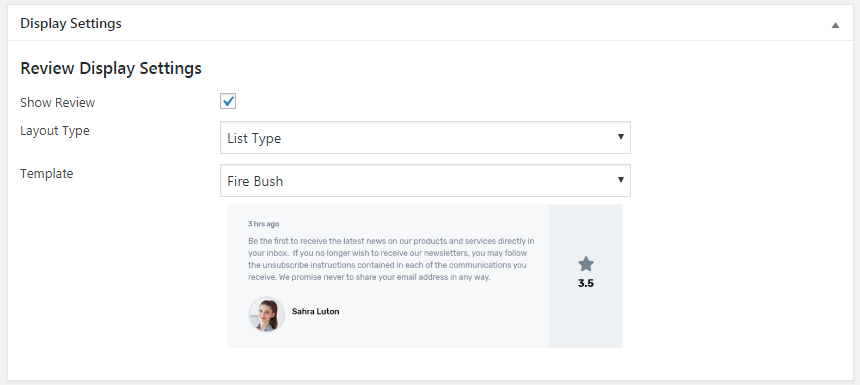 Backend - Social Review Display Settings
