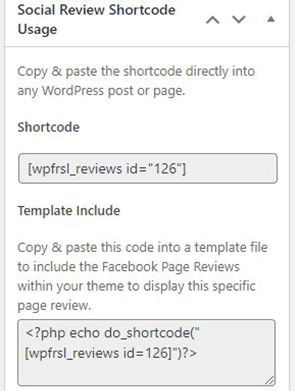 Backend - Social Review Shortcode Usage