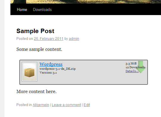 Example of an embedded download box with the default template