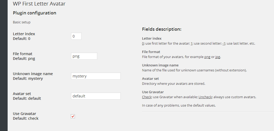 Very simple settings page for WP First Letter Avatar. You can decide which character should be used to specify avatar, turn off Gravatar, use custom avatar sets, use rounded avatars etc.