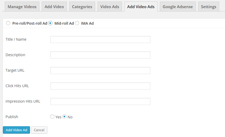 **Manage Video** - Displays Uploaded videos and details about the plugin.