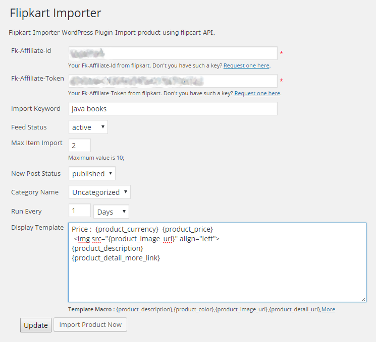 screenshot-1.png  : screenshot admin WP Flipkart Importer section.